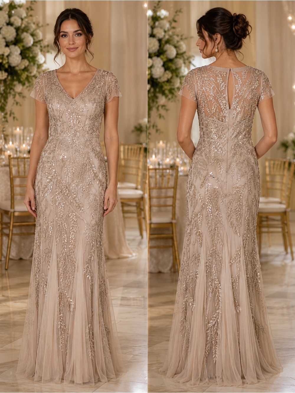 David's Bridal Champagne Beaded V-Neck Maxi Dress Formal Gown NWT - Picture 15 of 16